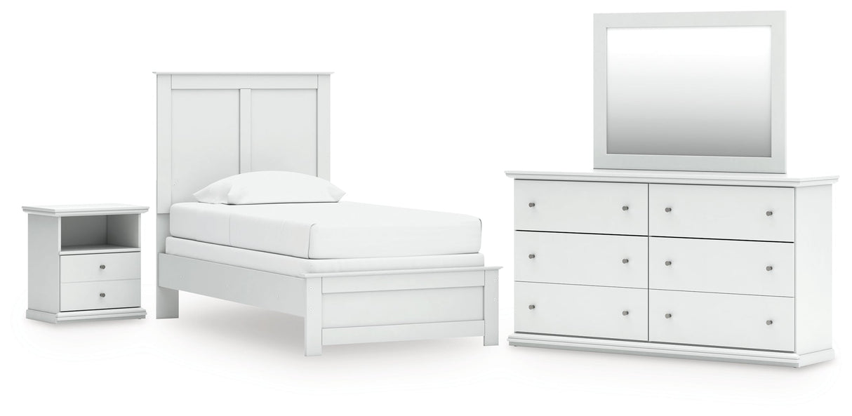 Bostwick Shoals Twin Panel Bed with Mirrored Dresser and Nightstand in White by Ashley at Eve Furniture