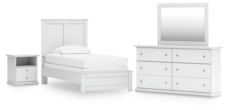 Bostwick Shoals Twin Panel Bed with Mirrored Dresser and Nightstand in White by Ashley at Eve Furniture