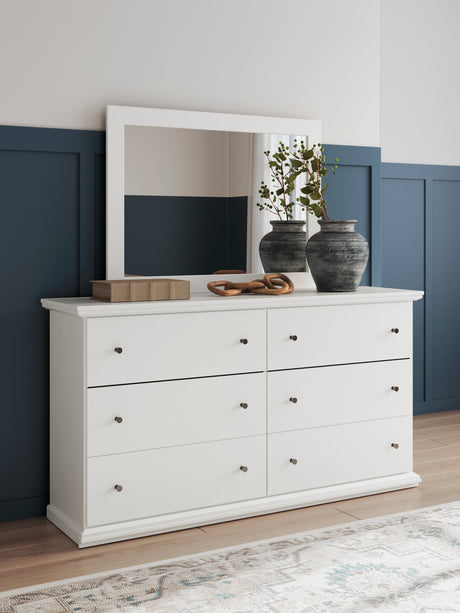 Bostwick Shoals Twin Panel Bed with Mirrored Dresser, Chest and 2 Nightstands in White by Ashley at Eve Furniture