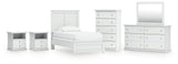 Bostwick Shoals Twin Panel Bed with Mirrored Dresser, Chest and 2 Nightstands in White by Ashley at Eve Furniture