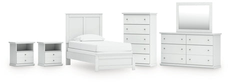 Bostwick Shoals Twin Panel Bed with Mirrored Dresser, Chest and 2 Nightstands in White by Ashley at Eve Furniture