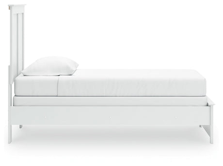 Bostwick Shoals Twin Panel Bed with Mirrored Dresser, Chest and Nightstand in White by Ashley at Eve Furniture