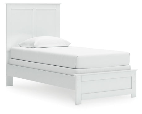 Bostwick Shoals Twin Panel Bed with Mirrored Dresser, Chest and Nightstand in White by Ashley at Eve Furniture