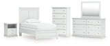 Bostwick Shoals Twin Panel Bed with Mirrored Dresser, Chest and Nightstand in White by Ashley at Eve Furniture