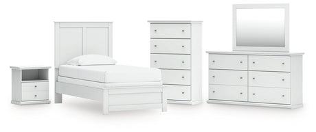 Bostwick Shoals Twin Panel Bed with Mirrored Dresser, Chest and Nightstand in White by Ashley at Eve Furniture