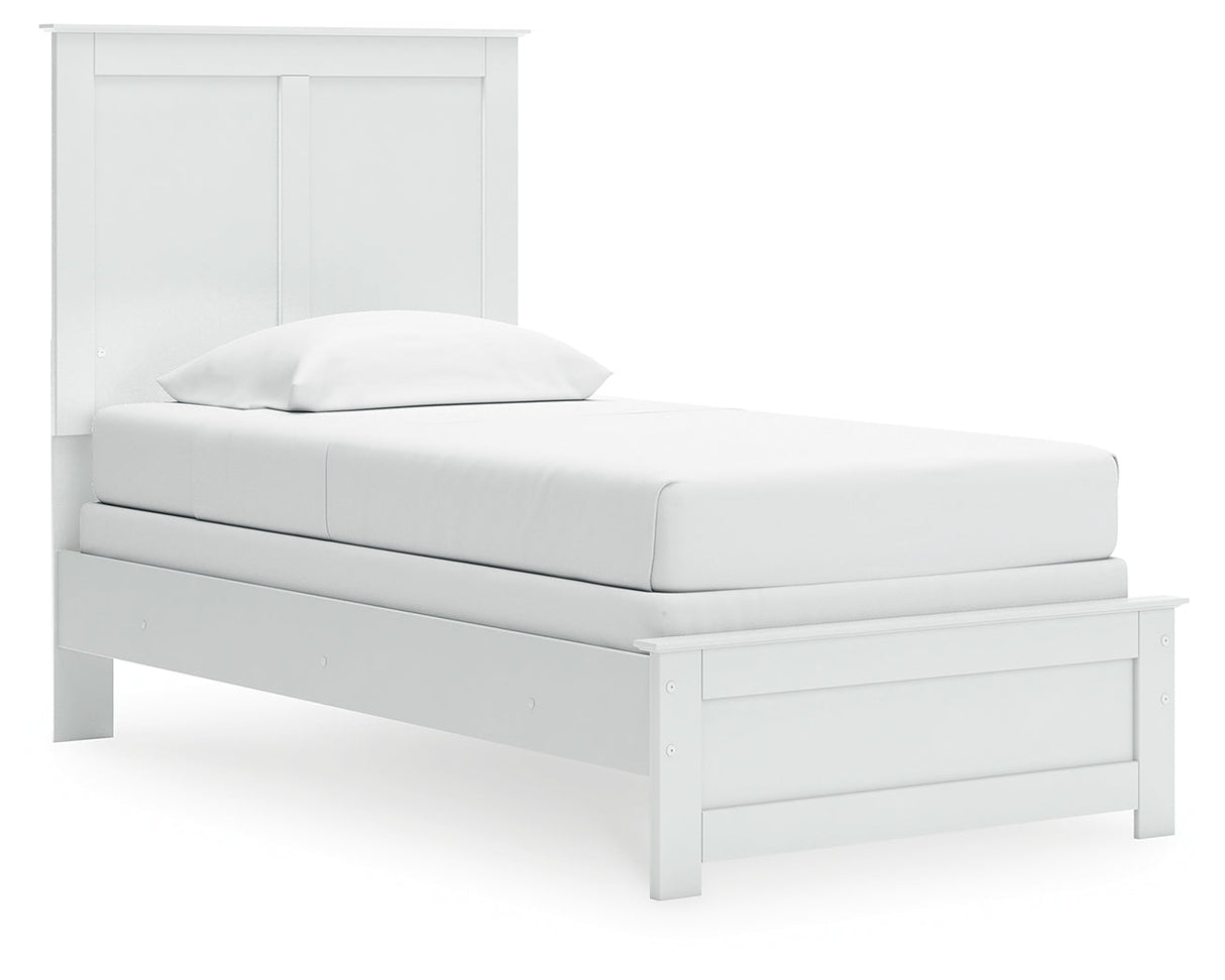 Bostwick Shoals Twin Panel Bed with Mirrored Dresser in White by Ashley at Eve Furniture