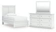 Bostwick Shoals Twin Panel Bed with Mirrored Dresser in White by Ashley at Eve Furniture
