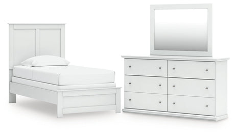 Bostwick Shoals Twin Panel Bed with Mirrored Dresser in White by Ashley at Eve Furniture