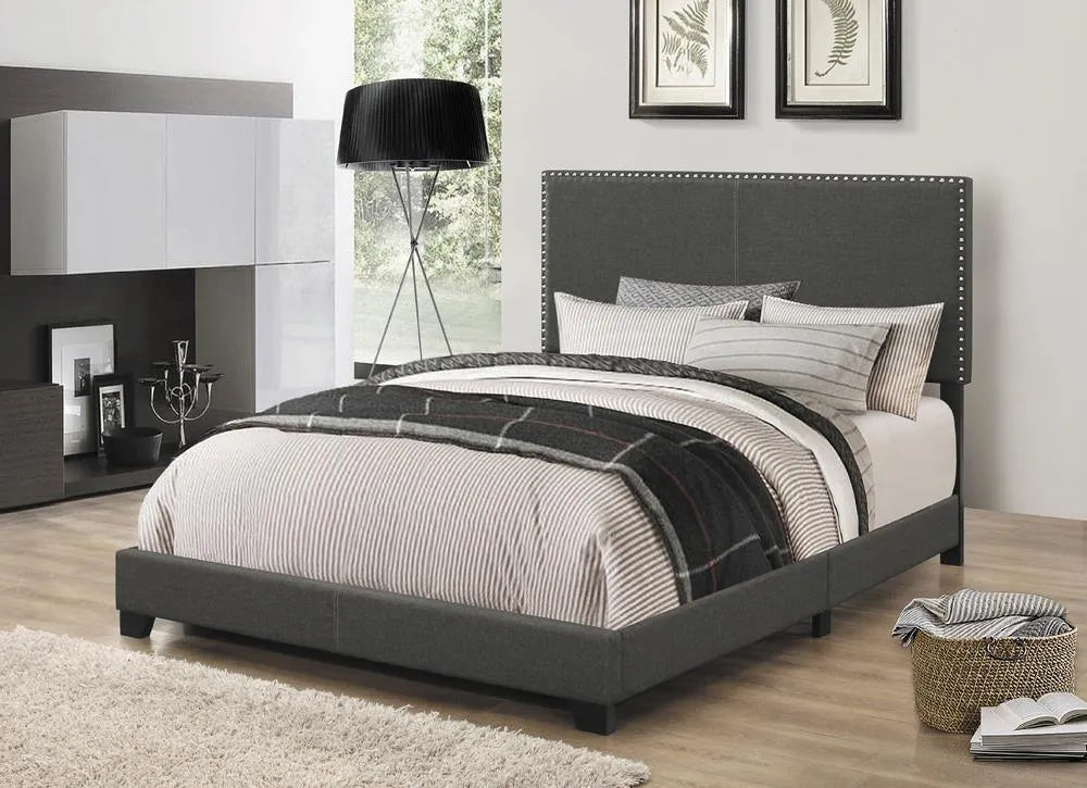 Boyd California King Upholstered Bed with Nailhead Trim Charcoal by Coaster at Eve Furniture
