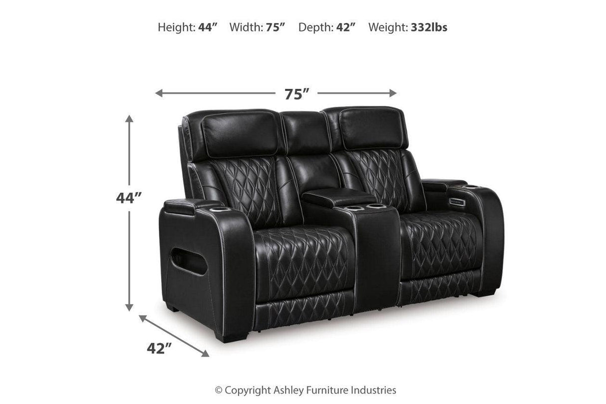 Boyington Black Dual Power Leather Power Reclining Sofa, Loveseat and Recliner by Ashley at Eve Furniture