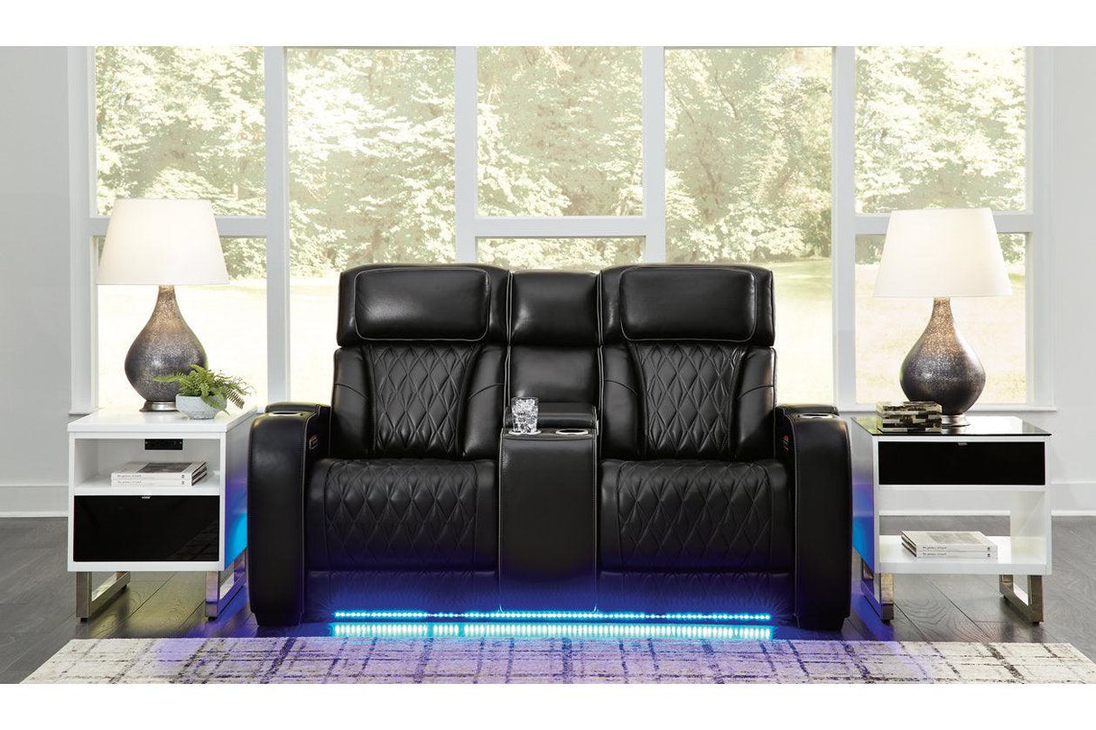 Boyington Black Dual Power Leather Power Reclining Sofa, Loveseat and Recliner by Ashley at Eve Furniture