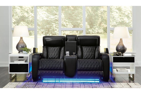Boyington Black Dual Power Leather Power Reclining Sofa, Loveseat and Recliner by Ashley at Eve Furniture