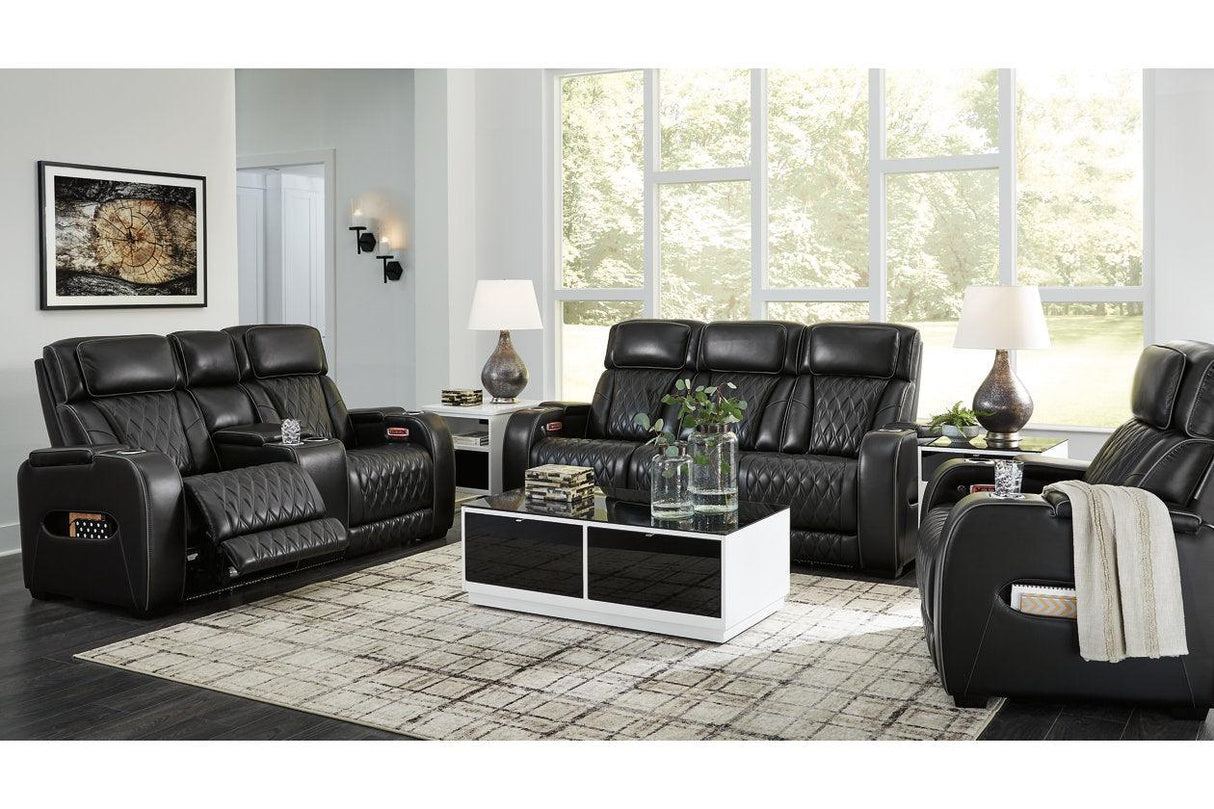 Boyington Black Dual Power Leather Power Reclining Sofa, Loveseat and Recliner by Ashley at Eve Furniture