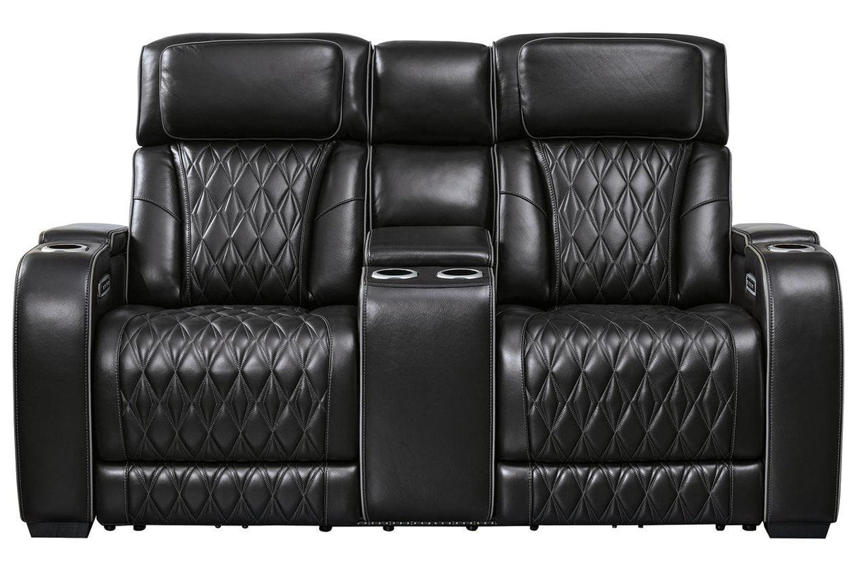 Boyington Black Dual Power Leather Power Reclining Sofa, Loveseat and Recliner by Ashley at Eve Furniture