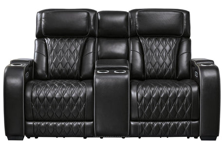 Boyington Black Dual Power Leather Power Reclining Sofa, Loveseat and Recliner by Ashley at Eve Furniture