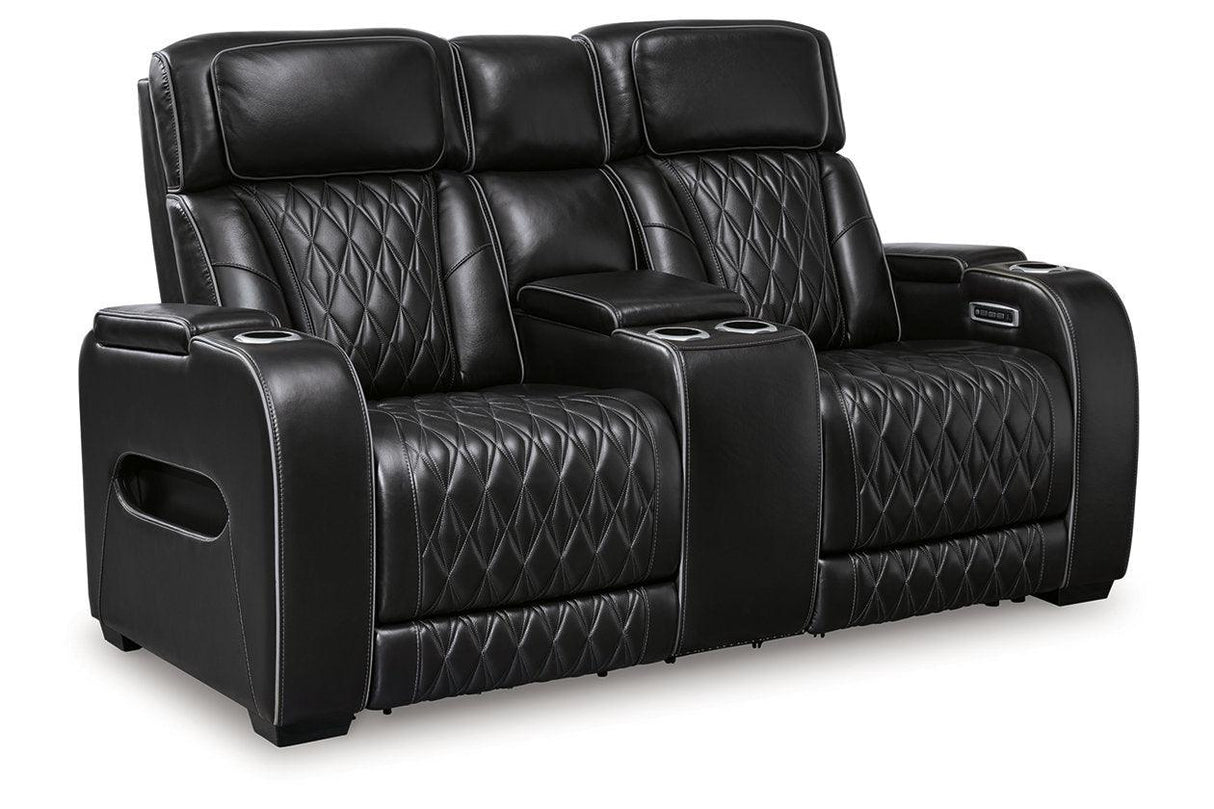 Boyington Black Dual Power Leather Power Reclining Sofa, Loveseat and Recliner by Ashley at Eve Furniture