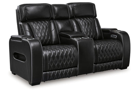 Boyington Black Dual Power Leather Power Reclining Sofa, Loveseat and Recliner by Ashley at Eve Furniture