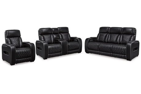 Boyington Black Dual Power Leather Power Reclining Sofa, Loveseat and Recliner by Ashley at Eve Furniture