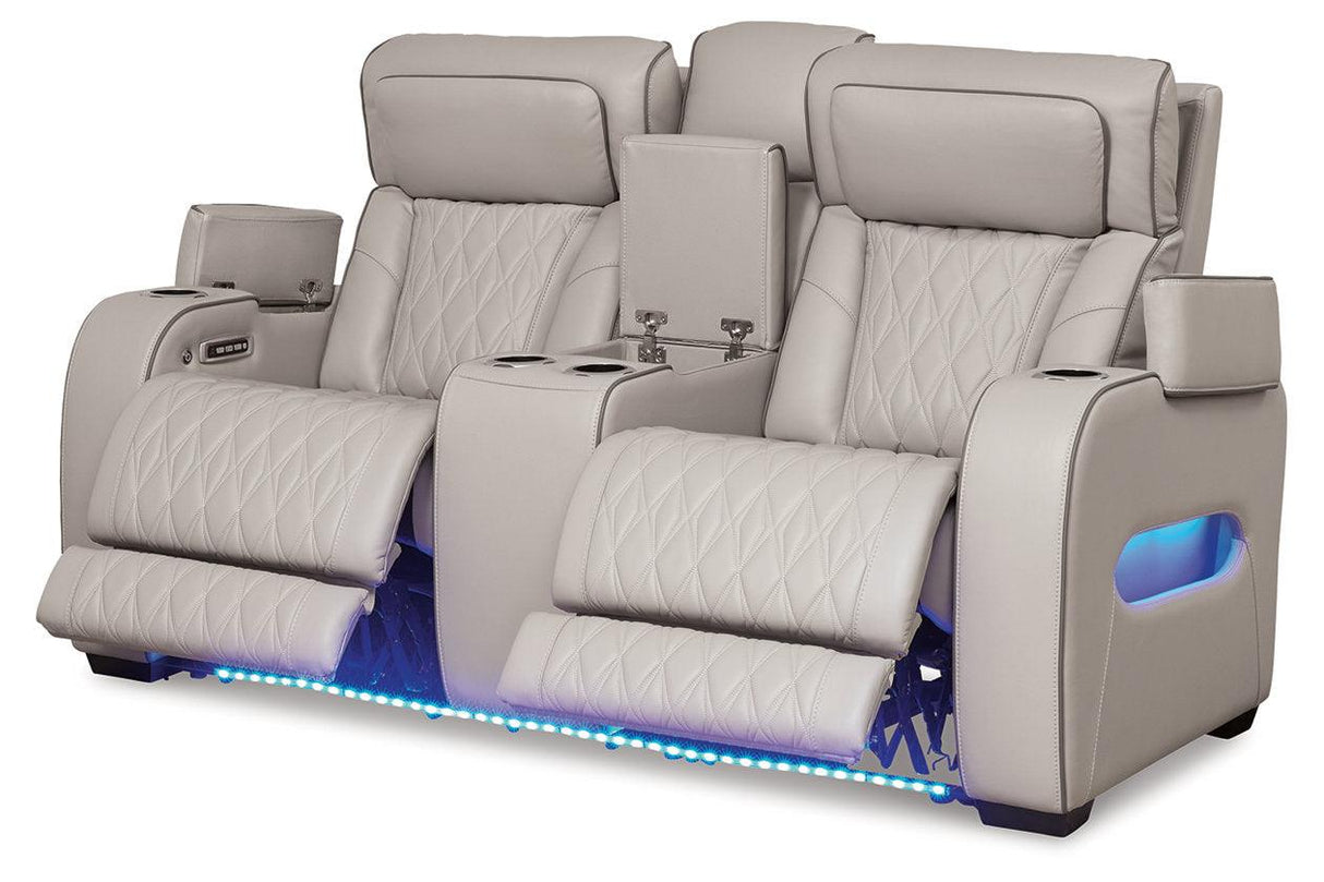 Boyington Gray Dual Power Leather Power Reclining Sofa, Loveseat and Recliner by Ashley at Eve Furniture