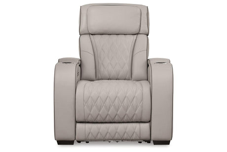 Boyington Gray Dual Power Leather Power Reclining Sofa, Loveseat and Recliner by Ashley at Eve Furniture