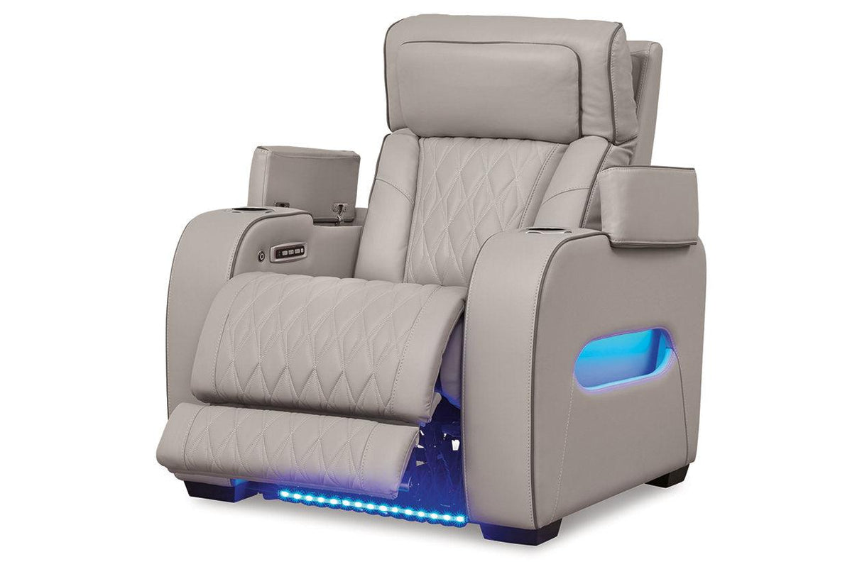Boyington Gray Dual Power Leather Power Reclining Sofa, Loveseat and Recliner by Ashley at Eve Furniture