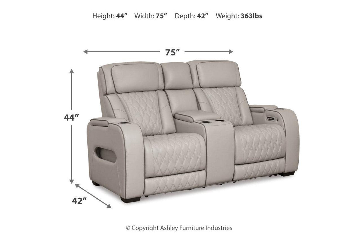 Boyington Gray Dual Power Leather Power Reclining Sofa, Loveseat and Recliner by Ashley at Eve Furniture