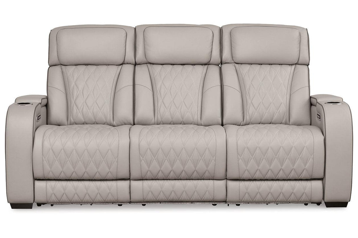 Boyington Gray Dual Power Leather Power Reclining Sofa, Loveseat and Recliner by Ashley at Eve Furniture