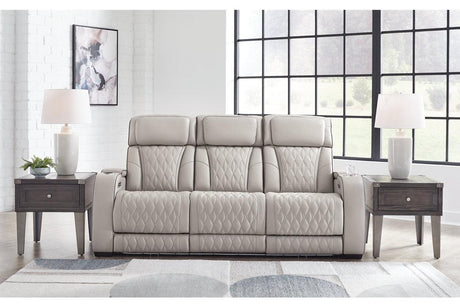Boyington Gray Dual Power Leather Power Reclining Sofa, Loveseat and Recliner by Ashley at Eve Furniture