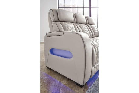 Boyington Gray Dual Power Leather Power Reclining Sofa, Loveseat and Recliner by Ashley at Eve Furniture