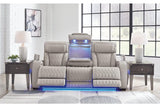 Boyington Gray Dual Power Leather Power Reclining Sofa, Loveseat and Recliner by Ashley at Eve Furniture