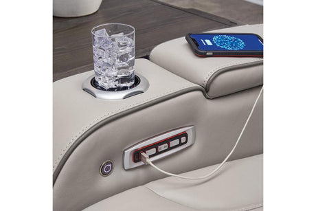 Boyington Gray Dual Power Leather Power Reclining Sofa, Loveseat and Recliner by Ashley at Eve Furniture