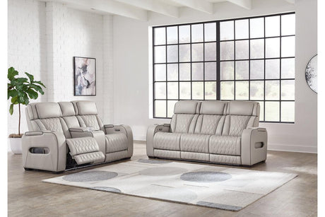 Boyington Gray Dual Power Leather Power Reclining Sofa, Loveseat and Recliner by Ashley at Eve Furniture