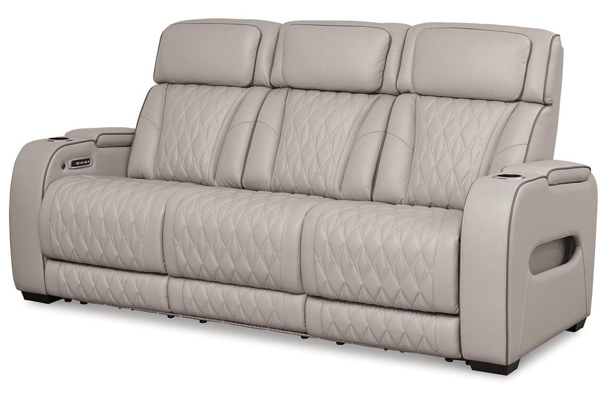 Boyington Gray Dual Power Leather Power Reclining Sofa, Loveseat and Recliner by Ashley at Eve Furniture