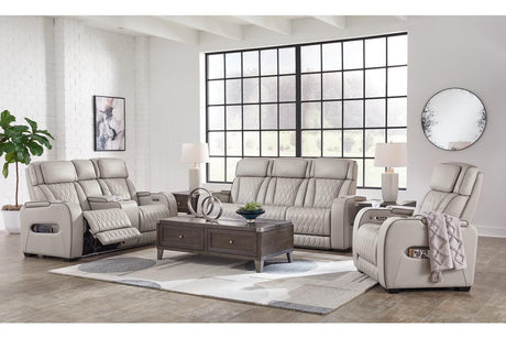 Boyington Gray Dual Power Leather Power Reclining Sofa, Loveseat and Recliner by Ashley at Eve Furniture