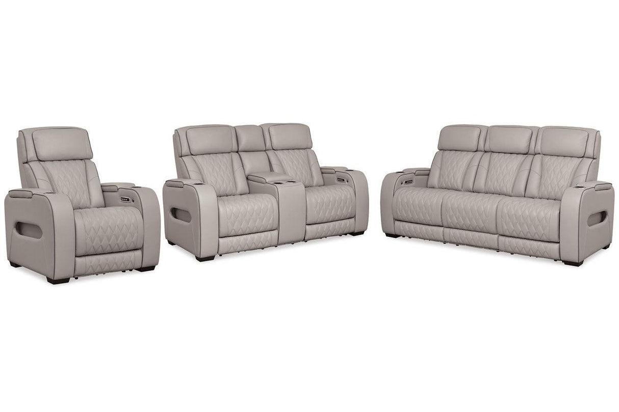 Boyington Gray Dual Power Leather Power Reclining Sofa, Loveseat and Recliner by Ashley at Eve Furniture
