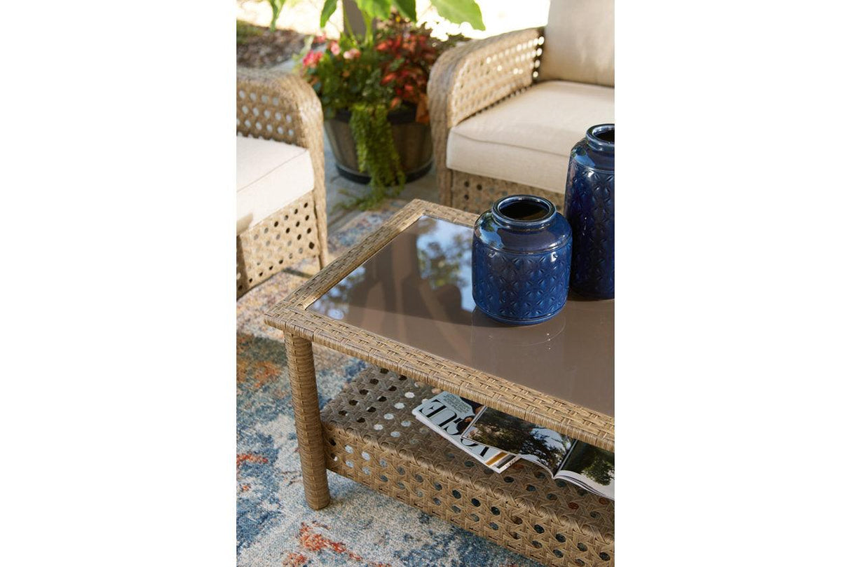 Braylee Driftwood Outdoor Loveseat with Table by Ashley at Eve Furniture