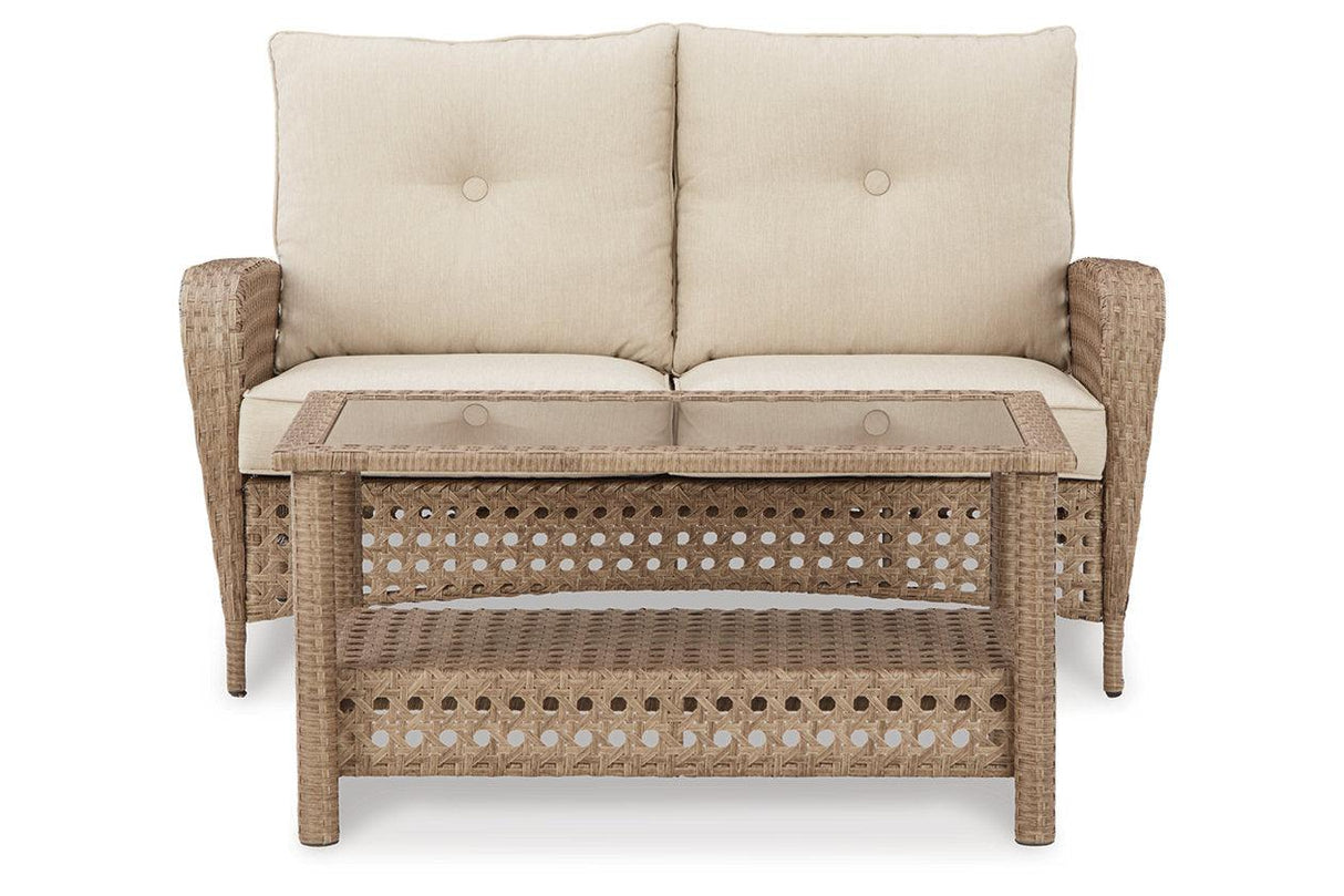 Braylee Driftwood Outdoor Loveseat with Table by Ashley at Eve Furniture
