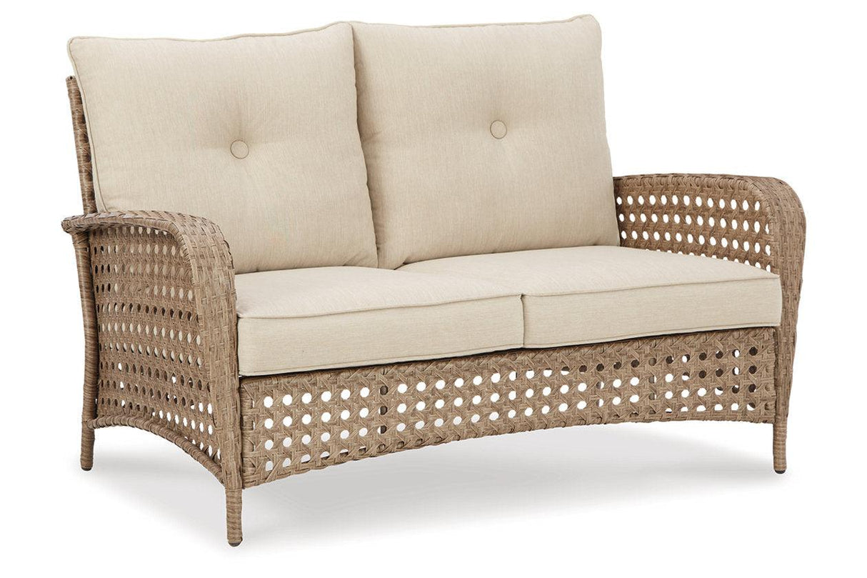 Braylee Driftwood Outdoor Loveseat with Table by Ashley at Eve Furniture