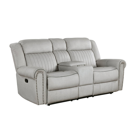 Brennen Mist Double Reclining Loveseat with Center Console by Homelegance at Eve Furniture