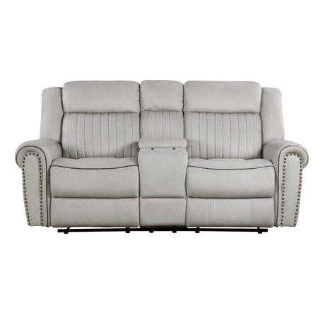 Brennen Mist Double Reclining Loveseat with Center Console by Homelegance at Eve Furniture