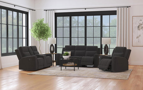 Brentwood Dark Charcoal Upholstered Motion Reclining Loveseat with Console by Coaster at Eve Furniture