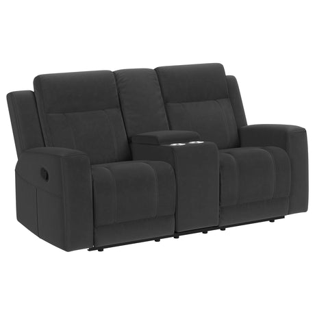 Brentwood Dark Charcoal Upholstered Motion Reclining Loveseat with Console by Coaster at Eve Furniture