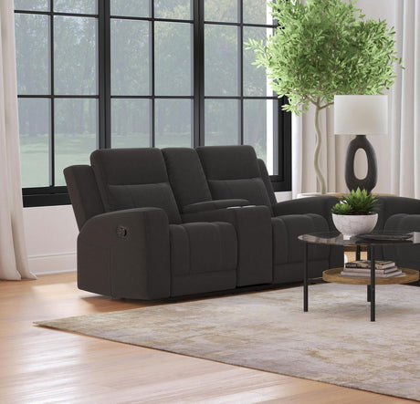 Brentwood Dark Charcoal Upholstered Motion Reclining Loveseat with Console by Coaster at Eve Furniture