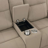 Brentwood Taupe Upholstered Motion Reclining Loveseat with Console by Coaster at Eve Furniture