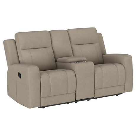 Brentwood Taupe Upholstered Motion Reclining Loveseat with Console by Coaster at Eve Furniture