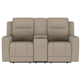 Brentwood Taupe Upholstered Motion Reclining Loveseat with Console by Coaster at Eve Furniture