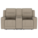 Brentwood Taupe Upholstered Motion Reclining Loveseat with Console by Coaster at Eve Furniture