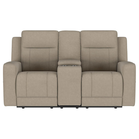 Brentwood Taupe Upholstered Motion Reclining Loveseat with Console by Coaster at Eve Furniture