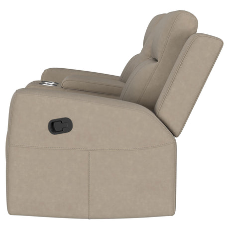 Brentwood Taupe Upholstered Motion Reclining Loveseat with Console by Coaster at Eve Furniture
