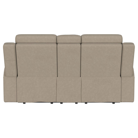 Brentwood Taupe Upholstered Motion Reclining Loveseat with Console by Coaster at Eve Furniture